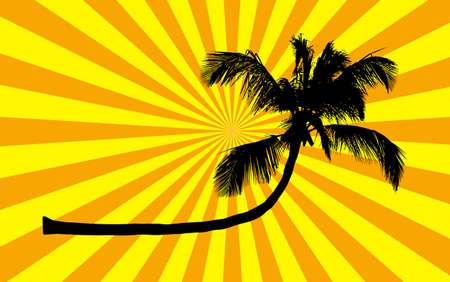 Silhouette of palm tree on orange stripes background, illustration の写真素材