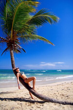 Girl in bikini relaxing near a palmの写真素材