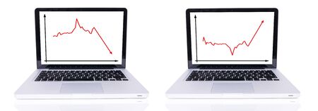Two laptops with diagram on screen isolated on whiteの写真素材