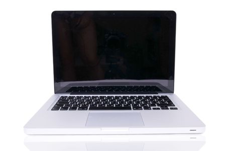 Laptop open isolated on whiteの写真素材