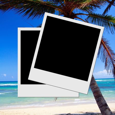 Photo frame on palm beach background の写真素材