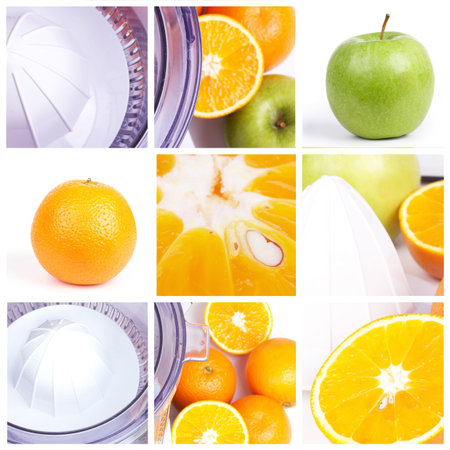 Fruits squeezer collage. Squeezer, orange and apple partsの写真素材