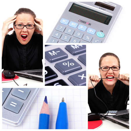 Business collage with shocked businesswoman の写真素材