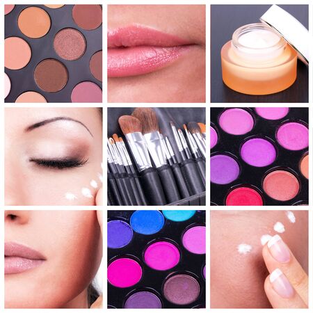 Collage with woman and make-up toolsの写真素材