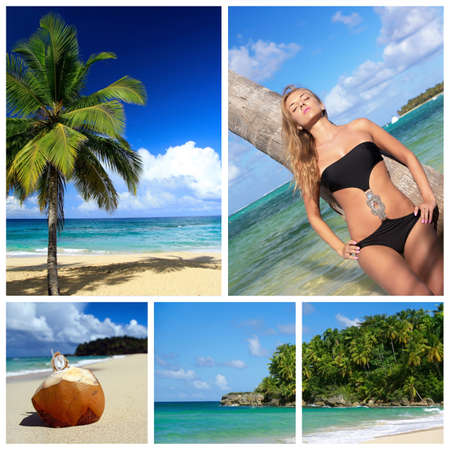 Caribbean collage. Relaxing woman and palm on beachの写真素材