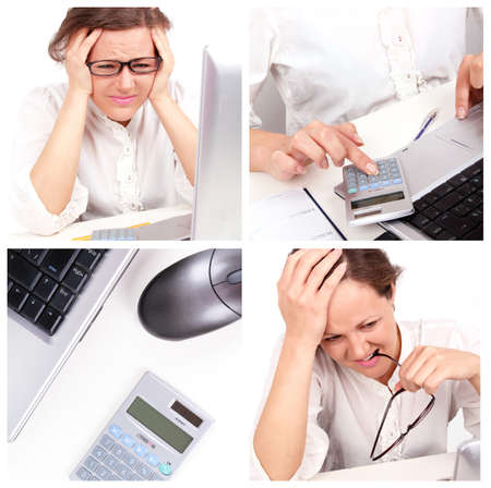 Business collage with depressed businesswomanの写真素材