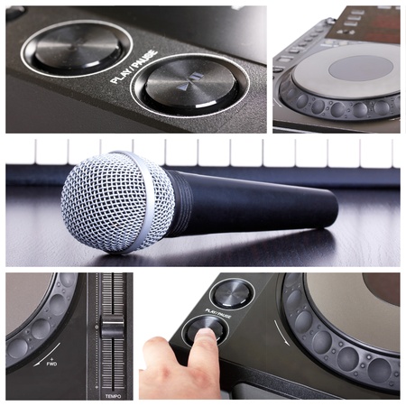 Dj tools collage with parts of cd player, microphone  and mixerの写真素材