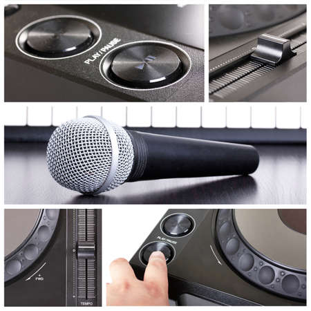 Dj tools collage with parts of cd player, microphone  and mixerの写真素材