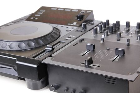 Dj cd player and mixer, closeup on whiteの写真素材