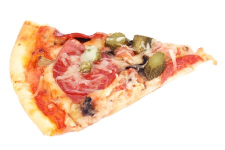 Slice of pizza , isolated on whiteの写真素材