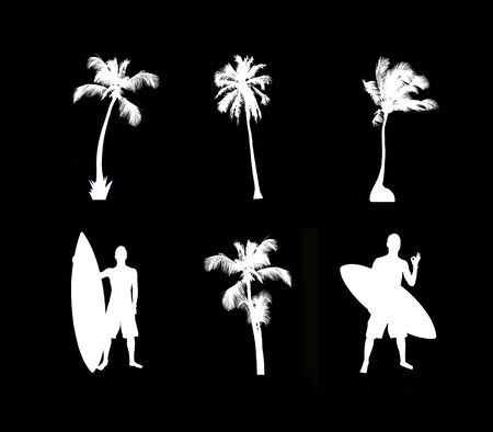 Silhouette of palms and surfer with board, illustration on blackの写真素材