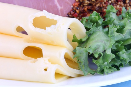 Bloated beef, cheese and salad leaf on white plate, closeupの写真素材