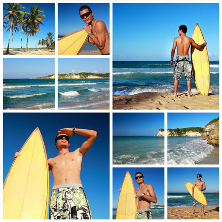 Collage with surfer with surfboard on caribbean beach, Dominican Republic 