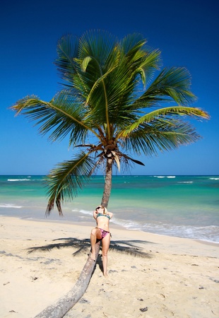Sexy girl in bikini relaxing on a palm, taking suntan の写真素材