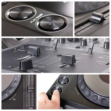 Dj Collage with parts of cd player and mixerの写真素材