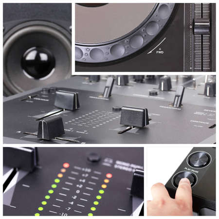 Dj Collage with parts of cd player and mixerの写真素材