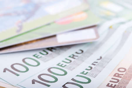 Euro banknotes and credit cards, Ñloseup の写真素材