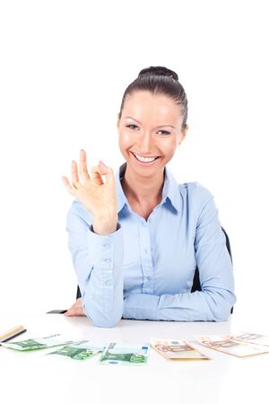 Happy smilling business woman with ok hand signの写真素材