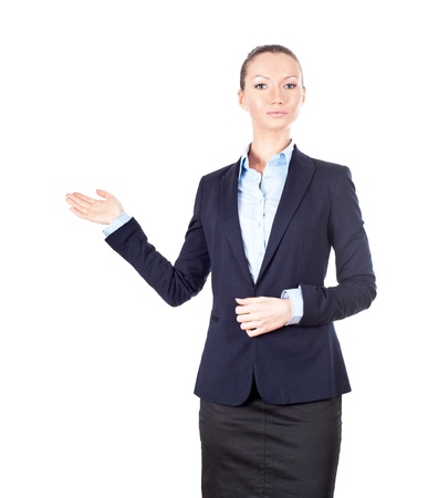 Business woman showing something, isolated on whiteの写真素材