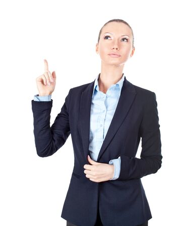 Business woman pointing up on white backgroundの写真素材