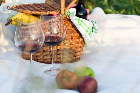 Outdoor picnic setting with red wine and fruitsの写真素材