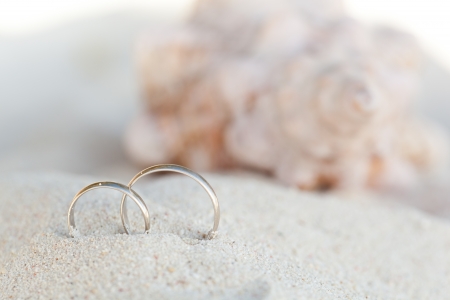 Celebration Valentine's day on beach, rings on shellの写真素材