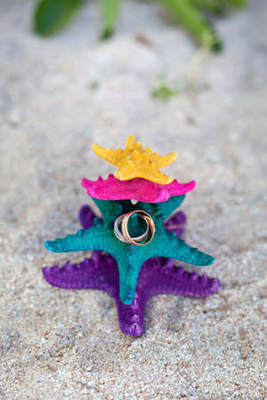 Gold wedding rings on color starfishesの写真素材