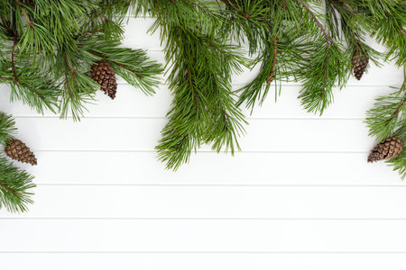 Decorated pine branches at left side with cones on white wooden table