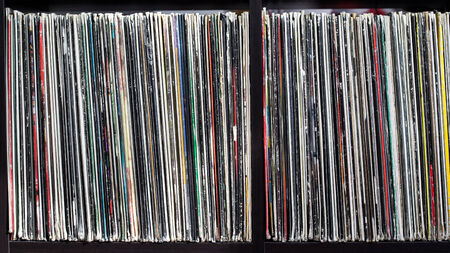 Stack of old vinyl records. closeupの写真素材