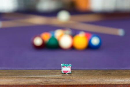 Billiard table with balls arranged in a triangleの写真素材