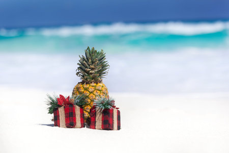 Tropical celebration on beach, present boxes and fresh pineappleの写真素材