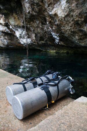 MEXICO, CANCUN - NOVEMBER 16, 2014: Scuba air tanks in mexican cenotesのeditorial素材