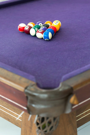 Billiard table with balls arranged in a triangle
