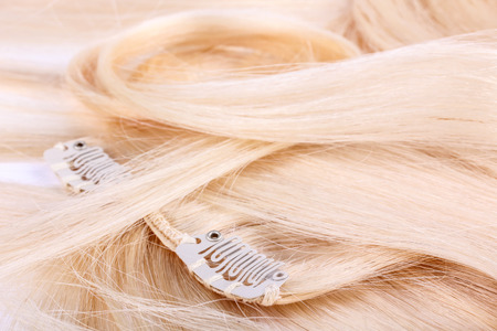 Blond hair extension, clips detailsの写真素材
