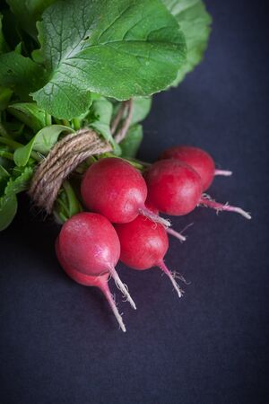 Bunch of ripe red radish on black background, selective focus and shallow depthの写真素材