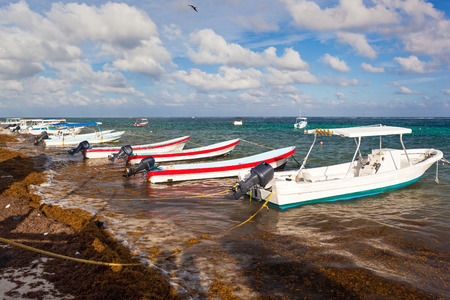 Fishing motor boats moored to dirty tropical beachの写真素材
