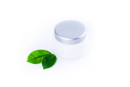 Cosmetic jar with organic skincare on white. Beauty face care concept.の写真素材