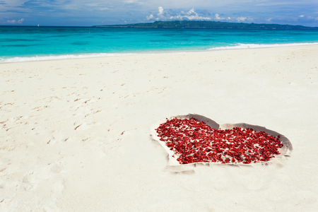 Heart of rose petals on wild perfect seashore with sea background, St Valentines honeymoon card, holiday and vacation conceptの写真素材