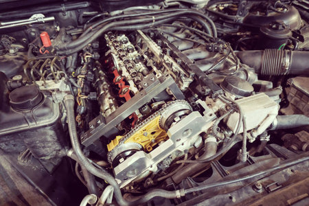 Open car engine, closeup. Automobile service, Nobody. Overhaul servicing of vehicle