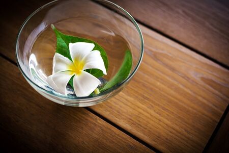 Aromatherapy decoration, white plumeria with green leaf floating on perfume water in glass bowl, beauty spa concept の写真素材