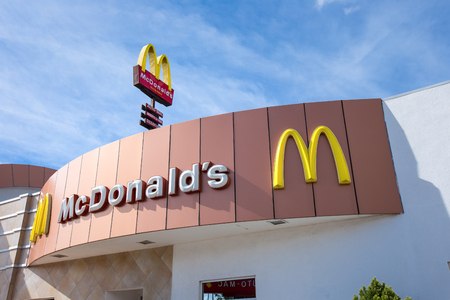 Cancun, Mexico - 8 February 2016: Sign of Mc'donalds famous family fastfood restaurantのeditorial素材