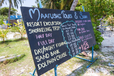 Maafushi Island, Maldives - April 4, 2017: Maafushi Tours and Scuba schedule outdoorsのeditorial素材