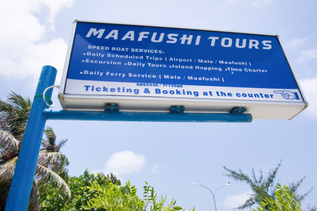 Maafushi Island, Maldives - April 4, 2017: Maafushi Tours billboard outdoorsのeditorial素材