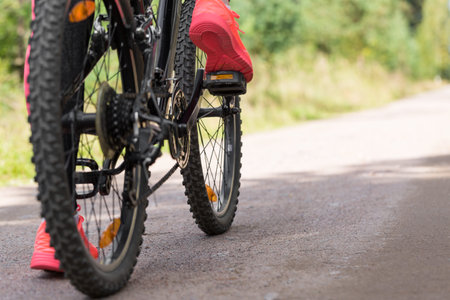 Woman riding a mountain bicycle along path at the forest. Closeup on pedal and foot. Healthy...