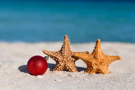 Red fir tree decoration ball and two starfishes on sandy beach, Tropical christmas and New Year celebration の写真素材