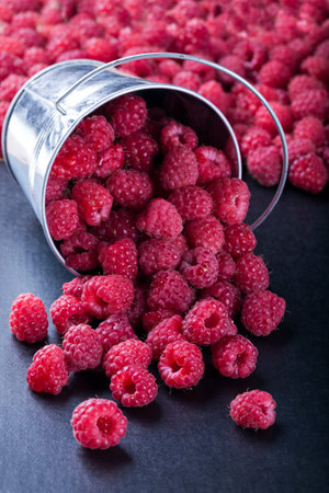 A metallic pail laying on dark table with fresh picked raspberries spilling out, nobody.