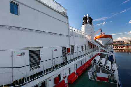 Lifeboats on upper deck of cruise linerの写真素材