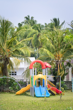 Colorful kinder playground at preschool territory with green grass and coconut palm trees, Nobody
の写真素材