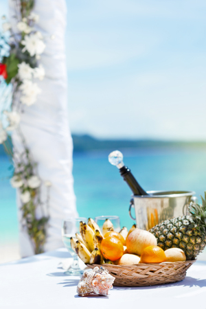 Beautiful wedding arch on tropical beach, nobody. Travel weddingの写真素材