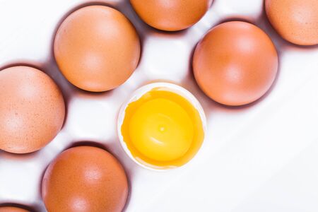 Fresh eggs in white box, closeup, nobodyの写真素材